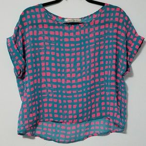 Sweet Rain Teal and Pink Cropped Grid Print Top
